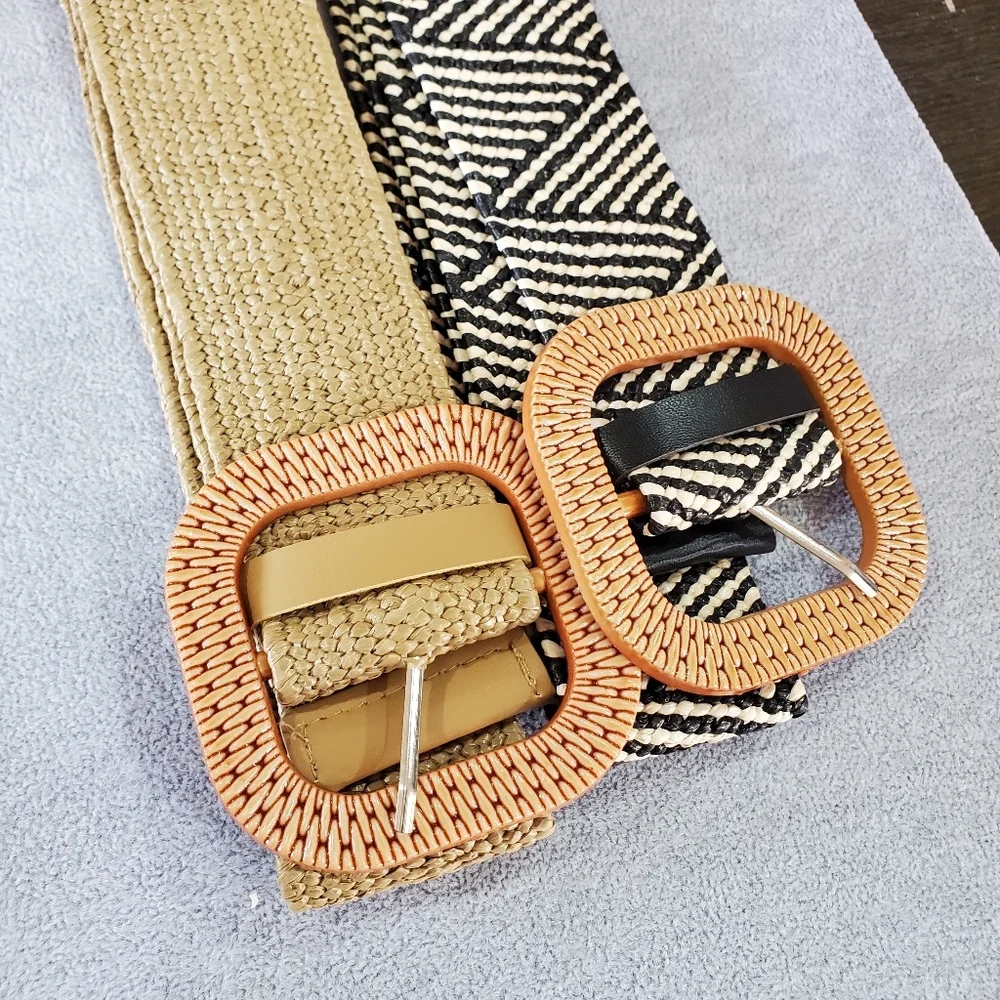 2Pcs Buckle Braided Straw Belts